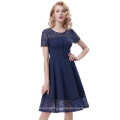 Belle Poque Retro Vintage Kurzarm Rundhals Kontrast Lace Party Kleid Frauen Marine Blau Kleid BP000286-1